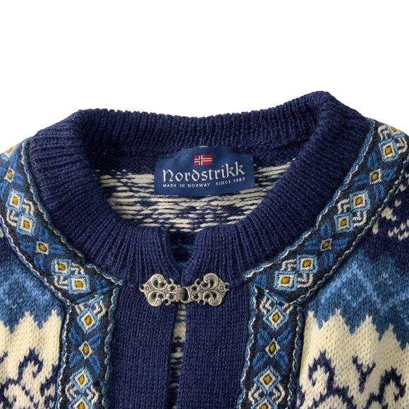 Nordstrikk Virgin Wool Cardigan Sweater L Blue Fair Isle Norway Nordic Hippie - Picture 4 of 12